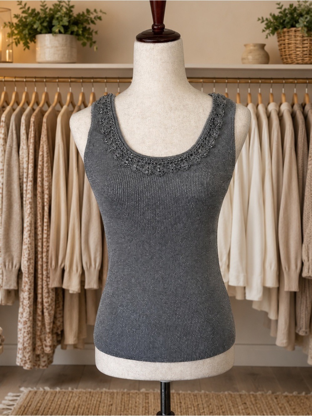 Beaded Scoop Neck Gray Knit Tank Top